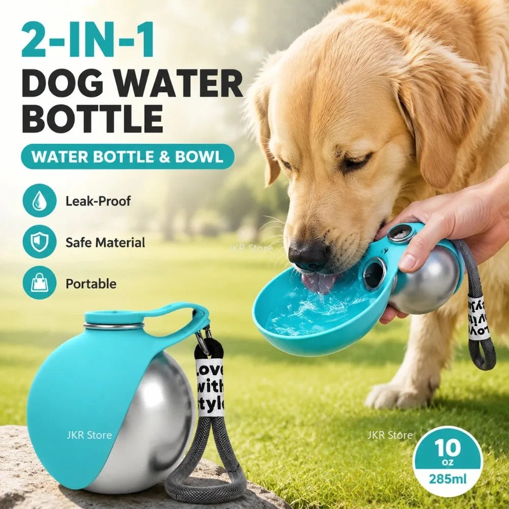 Stainless Steel Pet Water Bottle with Foldable Silicone Bowl