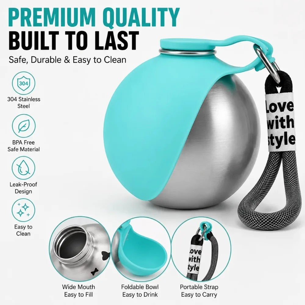Stainless Steel Pet Water Bottle with Foldable Silicone Bowl