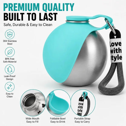 Stainless Steel Pet Water Bottle with Foldable Silicone Bowl