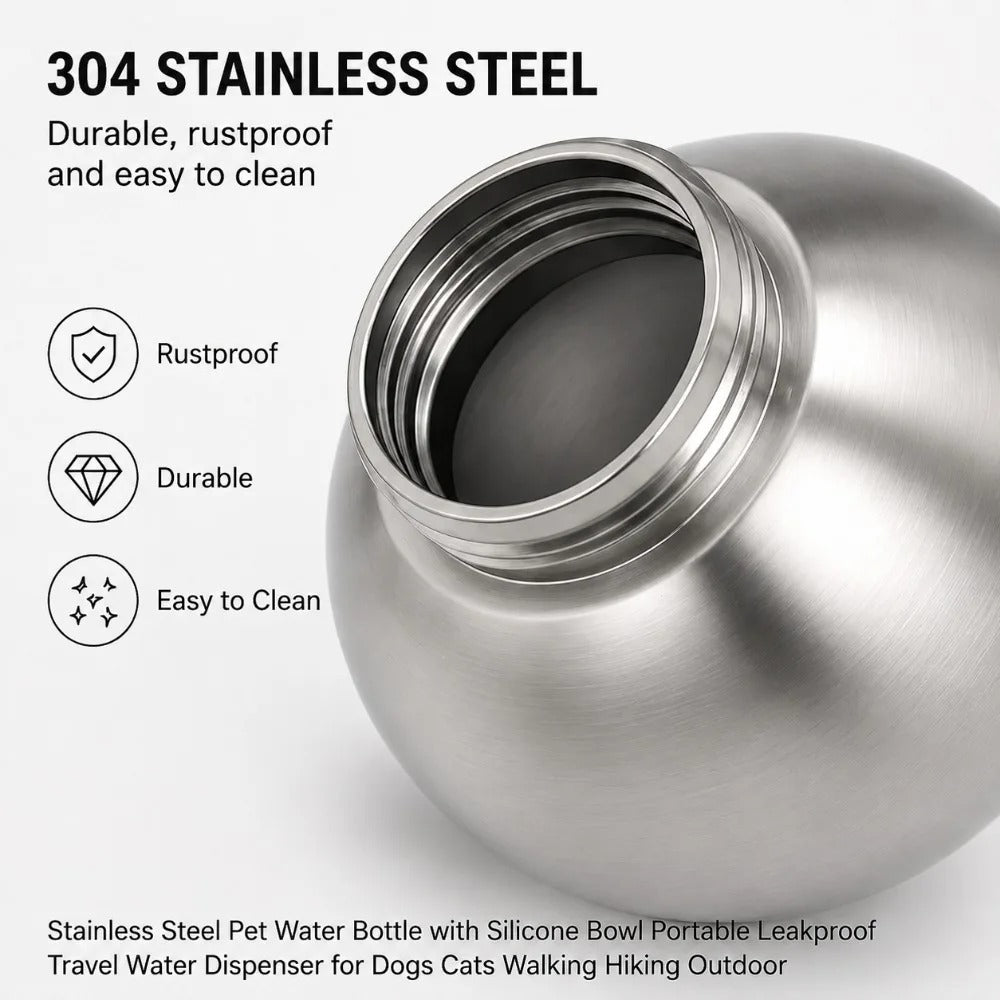 Stainless Steel Pet Water Bottle with Foldable Silicone Bowl
